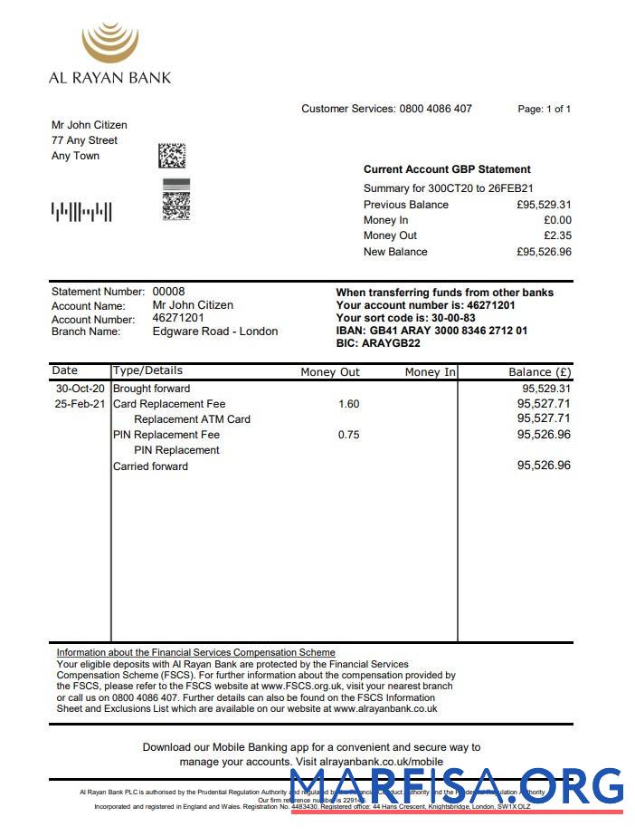 Blank United Kingdom Al Rayan bank statement excel download for verification